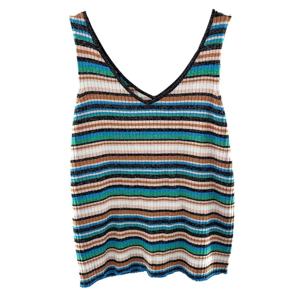 Nine West Y2K Metallic Stripped Knit Sleeveless Tank Top Size XL